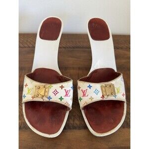 Louis Vuitton Y2K Murakami White Multicolor LV Buckle Mule Sandals Heels EU 40
